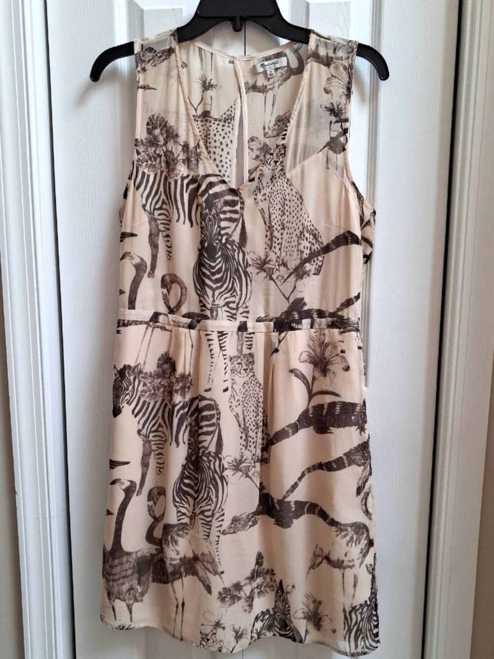 MADEWELL Women's Sheer Tan/Brown Sleeveless Safari Print Silk Dress sz 12